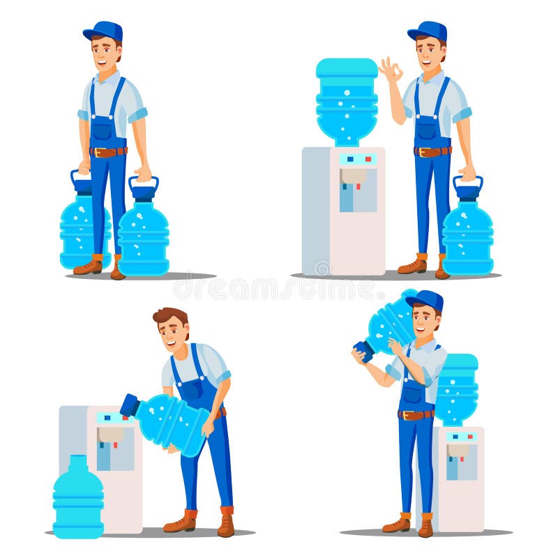 Van de de Dienstmens van de waterlevering de Vastgestelde Vector behandeling Bureaudrank in Plastic Flessen Water Koelere Huur Le royalty-vrije illustratie Van de de Dienstmens van de waterlevering de Vastgestelde Vector behandeling Bureaudrank in Plastic Flessen Water Koelere Huur Le royalty-vrije illustratie