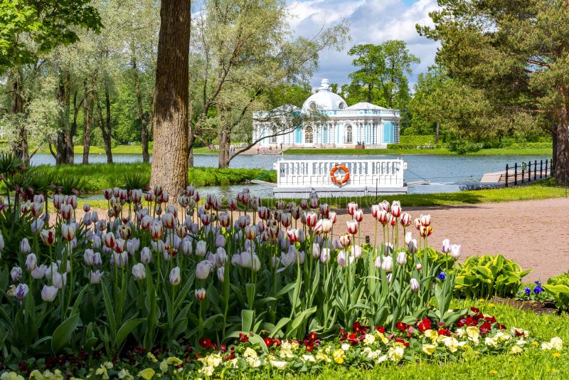 Van de grotpaviljoen en lente tulpen in het park van Catherine, Tsarskoe Selo Pushkin, Heilige Petersburg, Rusland stock foto's Van de grotpaviljoen en lente tulpen in het park van Catherine, Tsarskoe Selo Pushkin, Heilige Petersburg, Rusland stock foto's