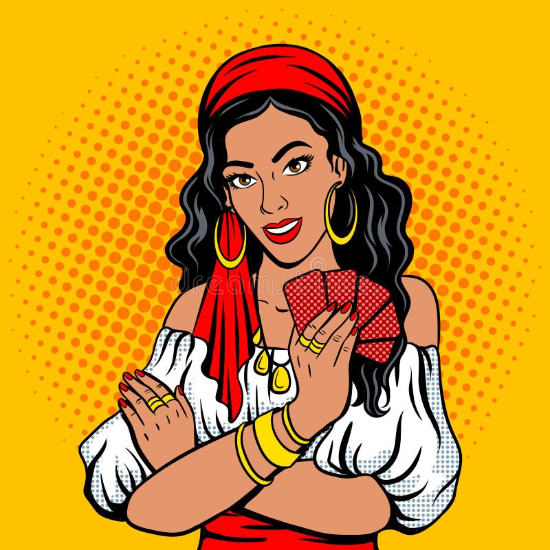 Van de het fortuinteller van het zigeunermeisje de vector van de het pop-artstijl stock illustratie Van de het fortuinteller van het zigeunermeisje de vector van de het pop-artstijl stock illustratie