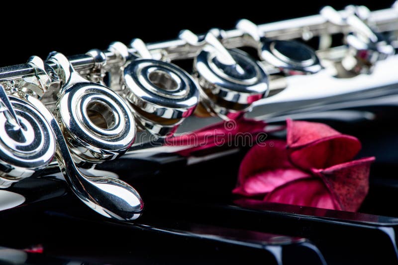 Van de het instrumentenfluit van de jazzmuziek dichte omhooggaand met bloem royalty-vrije stock foto's Van de het instrumentenfluit van de jazzmuziek dichte omhooggaand met bloem royalty-vrije stock foto's