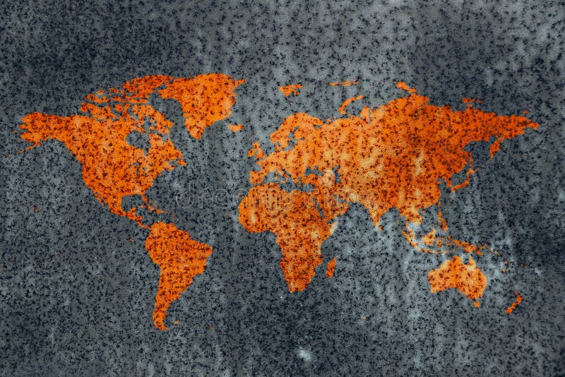 World decay, world map corrosion stained rusty metal surface out of cold neutral grey background. World decay, world map corrosion stained rusty metal surface out of cold neutral grey background