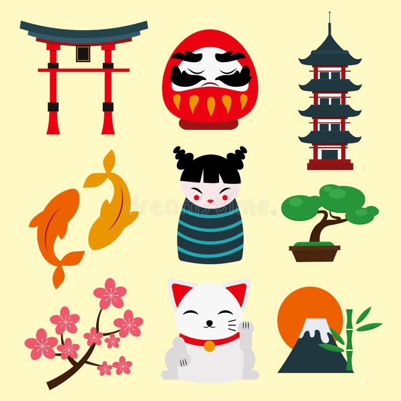 Van de het oriëntatiepuntreis van Japan van de de pictogrammeninzameling reizen de vector van het de cultuurteken het ontwerpelem royalty-vrije illustratie Van de het oriëntatiepuntreis van Japan van de de pictogrammeninzameling reizen de vector van het de cultuurteken het ontwerpelem royalty-vrije illustratie