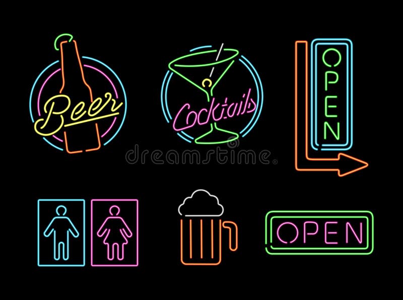 Van de het pictogram retro bar van het neonlichtteken vastgesteld het bier open etiket Van de het pictogram retro bar van het neonlichtteken vastgesteld het bier open etiket