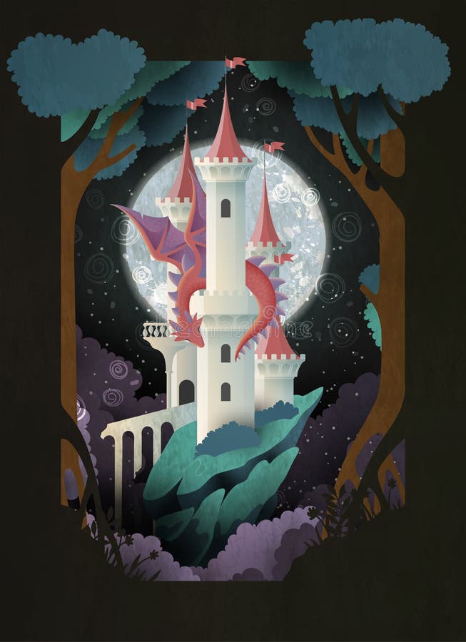 Book cover fairytale illustration castle and dragon in front of night sky and moon. Book cover fairytale illustration castle and dragon in front of night sky and moon