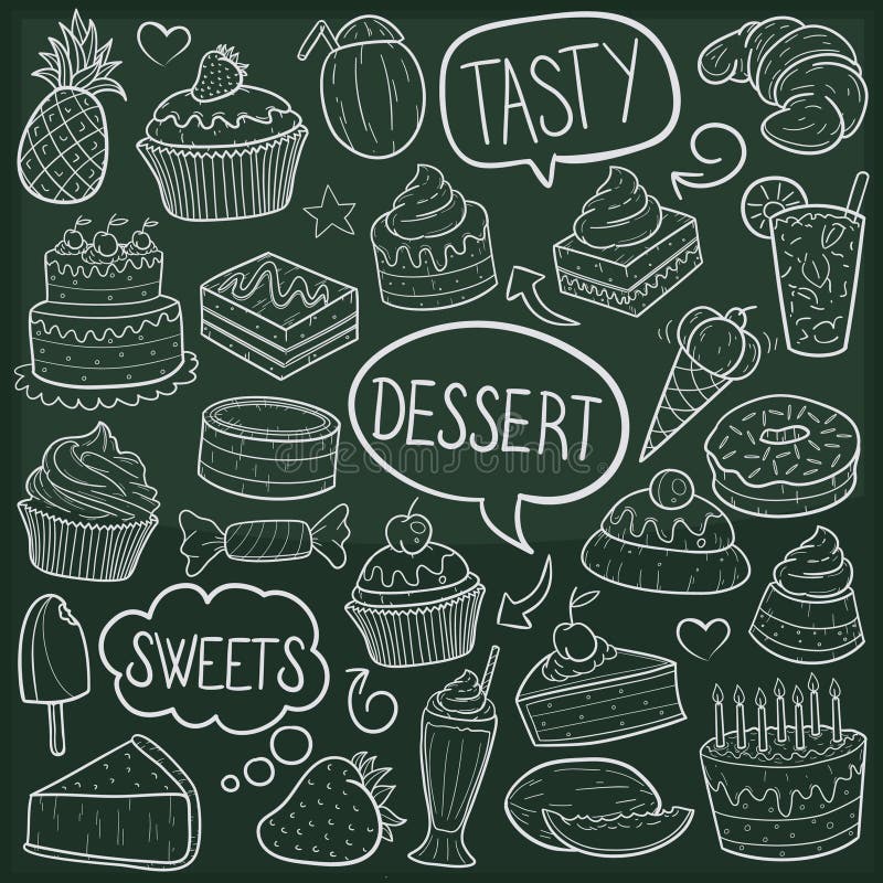 Van de Krabbelpictogrammen van dessertssnoepjes Traditionele de Schetshand - gemaakte Ontwerpvector stock illustratie Van de Krabbelpictogrammen van dessertssnoepjes Traditionele de Schetshand - gemaakte Ontwerpvector stock illustratie