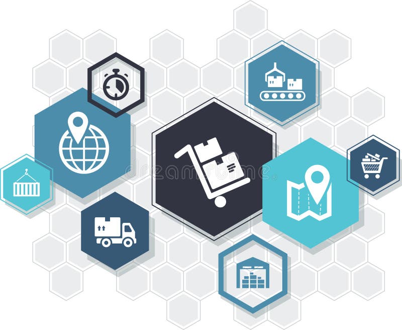 Van de leveringsketen & logistiek het concept van het zeshoekenpictogram: pakhuis, het verschepen en distributie symbolen†„vect vector illustratie Van de leveringsketen & logistiek het concept van het zeshoekenpictogram: pakhuis, het verschepen en distributie symbolen†„vect vector illustratie