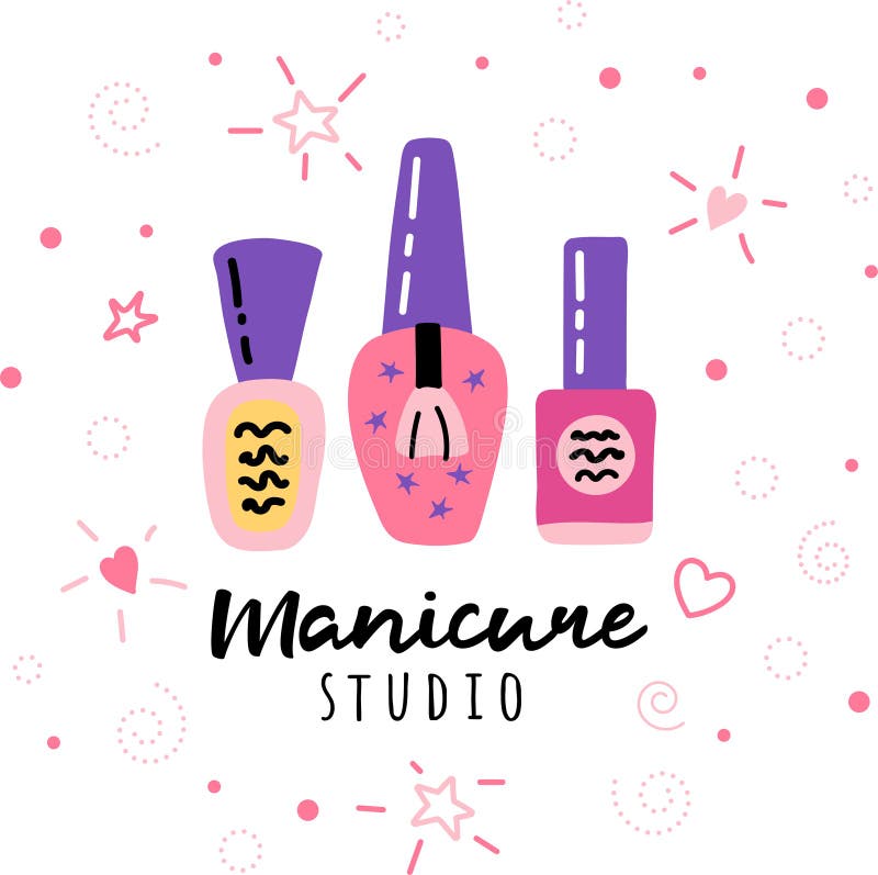 Nail salon logo. Manicure studio vector sign. Nail polish or lacquer. Foot pedicure studio. Beauty banner for spa. Cartoon illustration for logotype. Nail manicure accessories for nails care. Nail salon logo. Manicure studio vector sign. Nail polish or lacquer. Foot pedicure studio. Beauty banner for spa. Cartoon illustration for logotype. Nail manicure accessories for nails care.