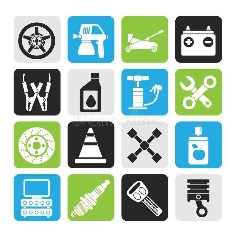 Van de silhouetvervoer en auto reparatiepictogrammen stock illustratie Van de silhouetvervoer en auto reparatiepictogrammen stock illustratie
