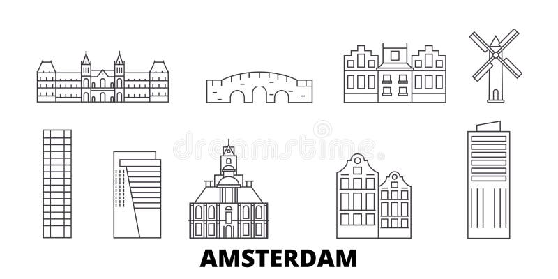 Van de de Stadslijn van Nederland, Amsterdam de reeks van de de reishorizon Van het de Stadsoverzicht van Nederland, Amsterdam de vector illustratie Van de de Stadslijn van Nederland, Amsterdam de reeks van de de reishorizon Van het de Stadsoverzicht van Nederland, Amsterdam de vector illustratie