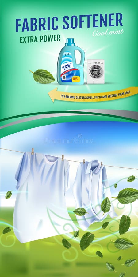 Van de de stoffenwaterontharder van de muntgeur het geladvertenties Vector realistische Illustratie met wasserijkleren en de cont stock illustratie Van de de stoffenwaterontharder van de muntgeur het geladvertenties Vector realistische Illustratie met wasserijkleren en de cont stock illustratie