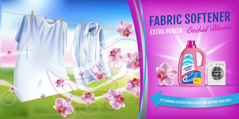 Van de de stoffenwaterontharder van de orchideegeur het geladvertenties Vector realistische Illustratie met wasserijkleren en de stock illustratie Van de de stoffenwaterontharder van de orchideegeur het geladvertenties Vector realistische Illustratie met wasserijkleren en de stock illustratie