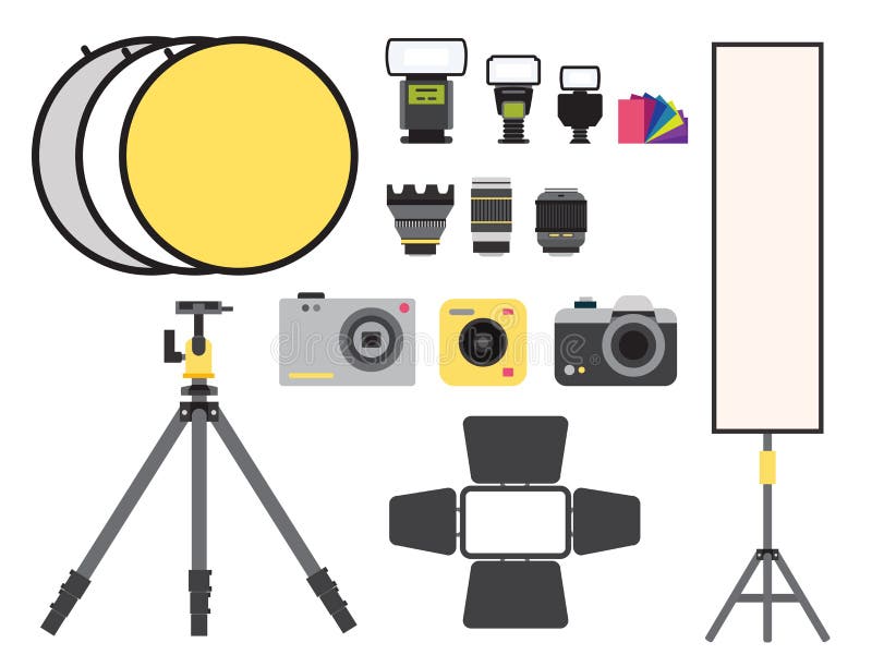 Van de studiopictogrammen van de camerafoto kijkt de vectorlenzentypes optische objectieve retro professionele fotograaf van het royalty-vrije illustratie Van de studiopictogrammen van de camerafoto kijkt de vectorlenzentypes optische objectieve retro professionele fotograaf van het royalty-vrije illustratie
