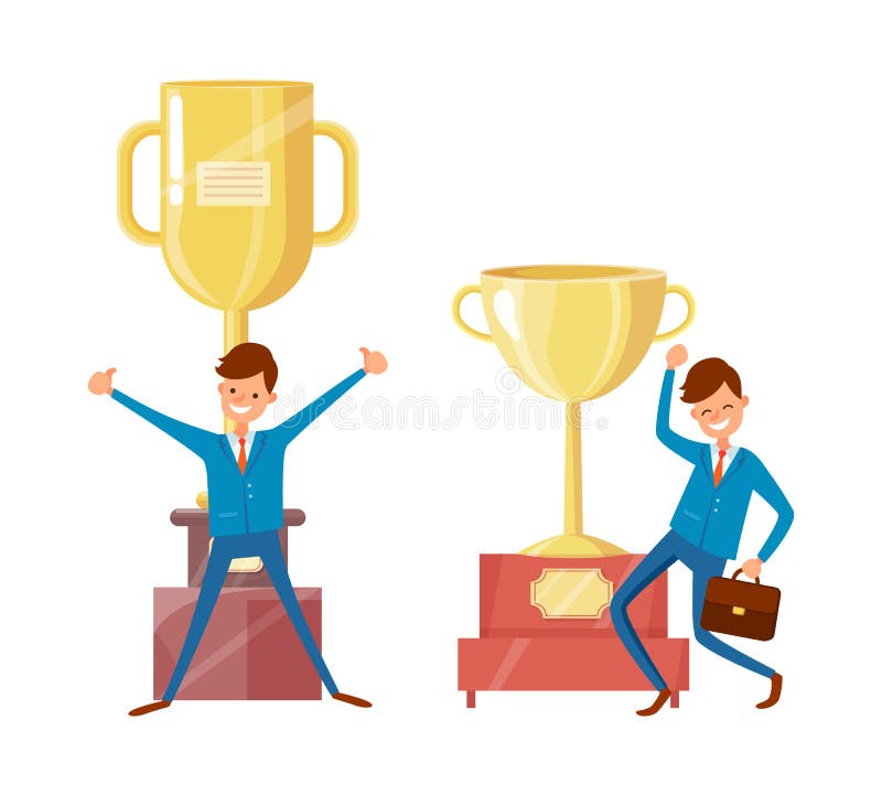 Van de succeszakenman en Trofee Koppen, Gouden Toekenning vector illustratie Van de succeszakenman en Trofee Koppen, Gouden Toekenning vector illustratie