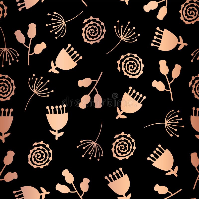 Van de de tulpenbloem van de koperfolie vector naadloze het patroonachtergrond Elegant nam goud bloemen op zwarte achtergrond toe vector illustratie Van de de tulpenbloem van de koperfolie vector naadloze het patroonachtergrond Elegant nam goud bloemen op zwarte achtergrond toe vector illustratie