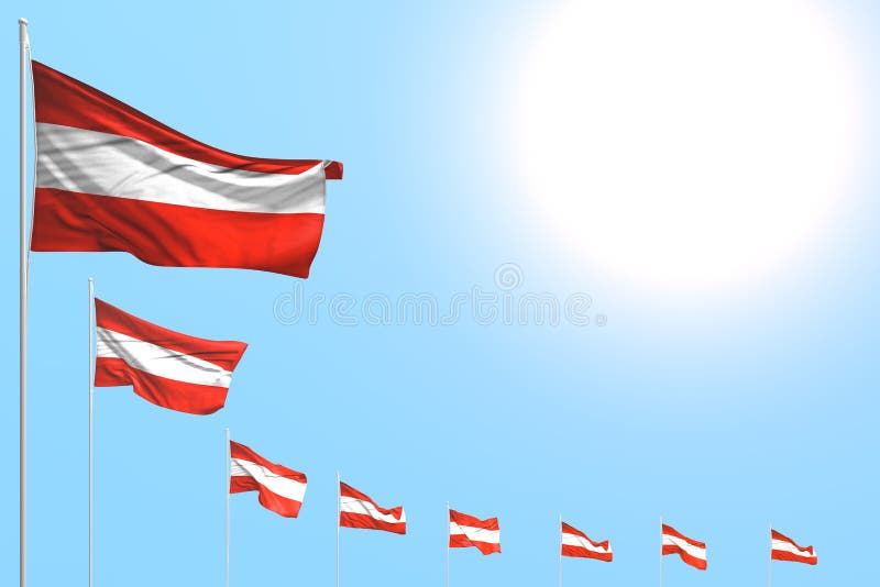 Van de de vieringsvlag van Nice 3d illustratie - velen de geplaatste diagonaal van Oostenrijk vlaggen op blauwe hemel met ruimte royalty-vrije illustratie Van de de vieringsvlag van Nice 3d illustratie - velen de geplaatste diagonaal van Oostenrijk vlaggen op blauwe hemel met ruimte royalty-vrije illustratie