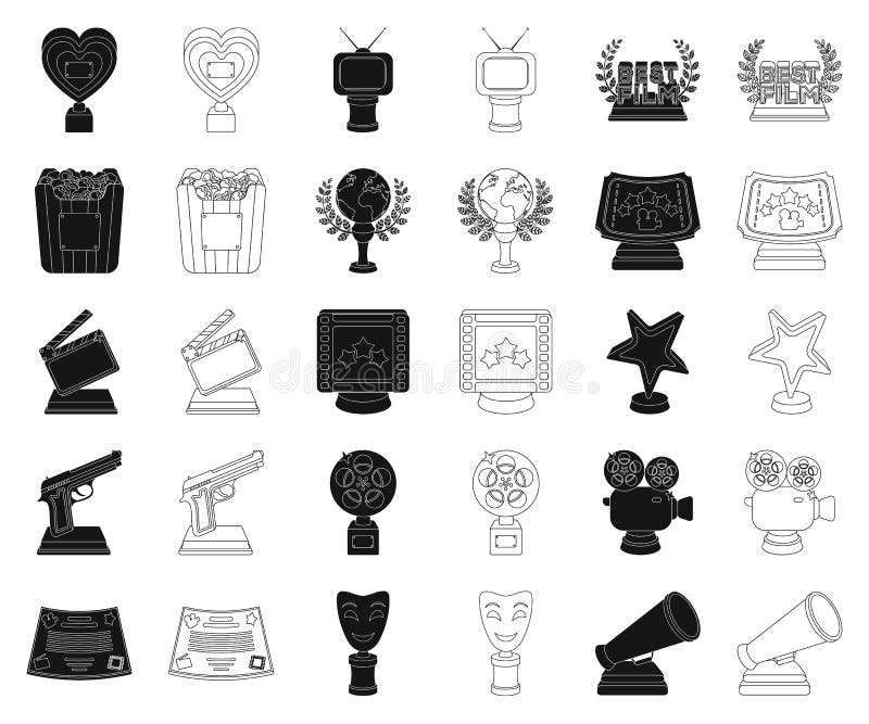 Van filmtoekenning en prijzen zwarte, overzichtspictogrammen in vastgestelde inzameling voor ontwerp Het van het de Academie vect vector illustratie Van filmtoekenning en prijzen zwarte, overzichtspictogrammen in vastgestelde inzameling voor ontwerp Het van het de Academie vect vector illustratie