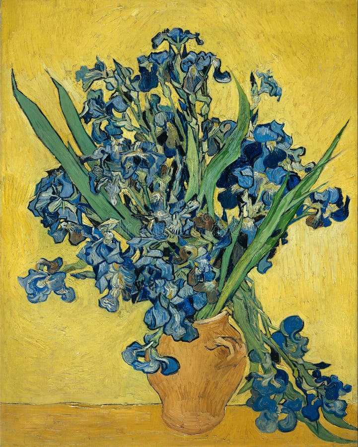 Vase With Irises Against A Yellow Background by Van Gogh, 1890. the Van Gogh Museum, Amsterdam