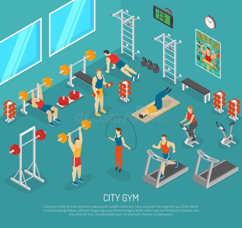 Van het de Gymnastiekcentrum van de stadsgeschiktheid de Isometrische Affiche royalty-vrije illustratie Van het de Gymnastiekcentrum van de stadsgeschiktheid de Isometrische Affiche royalty-vrije illustratie