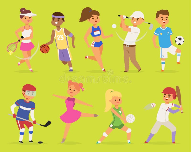 Van het de karaktersjongen en meisje van het Ssportsmen vectorbeeldverhaal mensenbasketbal, hockey, honkbal, lopende gelukkige ka vector illustratie Van het de karaktersjongen en meisje van het Ssportsmen vectorbeeldverhaal mensenbasketbal, hockey, honkbal, lopende gelukkige ka vector illustratie