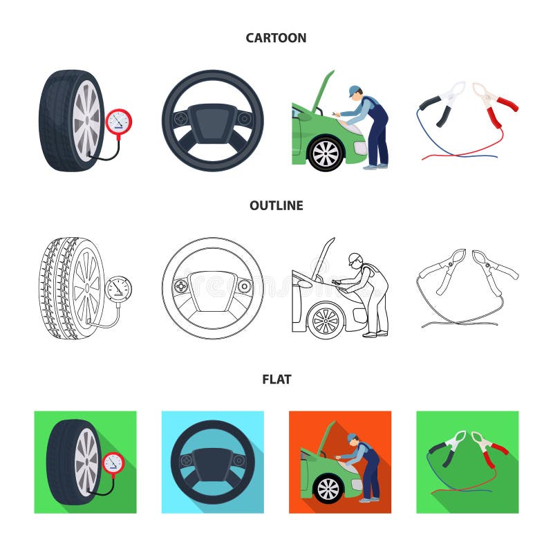 Van het van de van het motoraanpassing, stuurwiel, klem en wiel beeldverhaal, overzicht, vlakke pictogrammen in vastgestelde inza stock illustratie Van het van de van het motoraanpassing, stuurwiel, klem en wiel beeldverhaal, overzicht, vlakke pictogrammen in vastgestelde inza stock illustratie