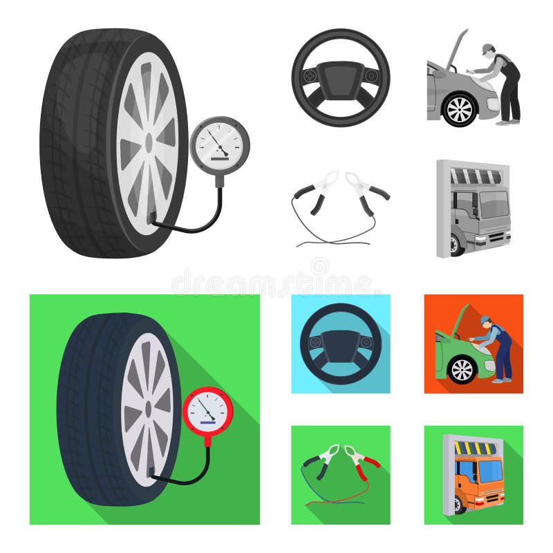 Van het van de van het motoraanpassing, stuurwiel, klem en wiel zwart-wit, vlakke pictogrammen in vastgestelde inzameling voor on stock illustratie Van het van de van het motoraanpassing, stuurwiel, klem en wiel zwart-wit, vlakke pictogrammen in vastgestelde inzameling voor on stock illustratie
