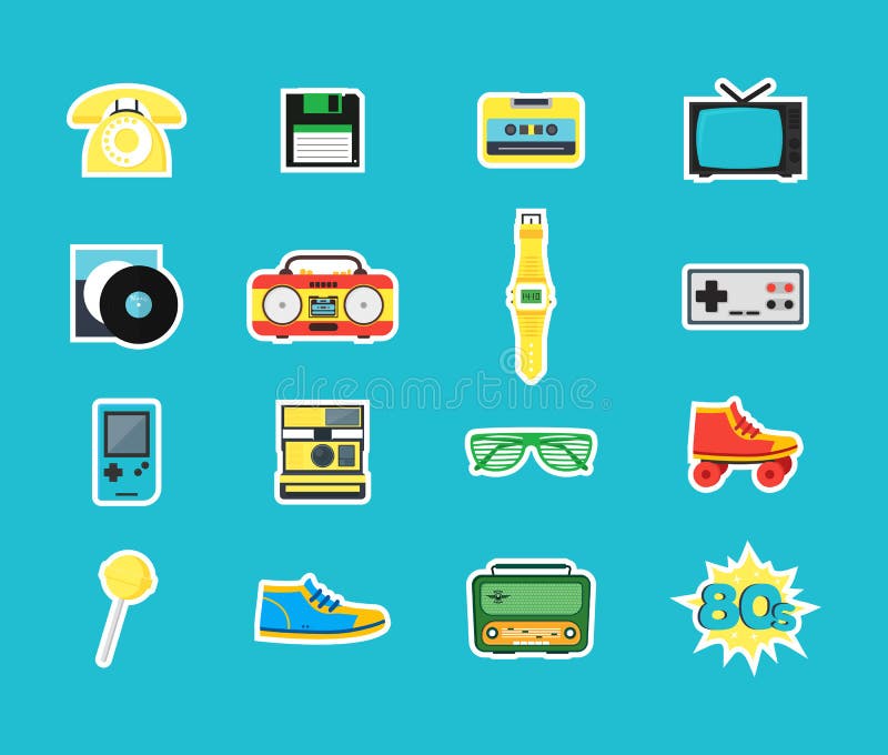 Van het de Stijlsymbool van de beeldverhaaljaren '80 Geplaatste de Kleurenpictogrammen Vector vector illustratie Van het de Stijlsymbool van de beeldverhaaljaren '80 Geplaatste de Kleurenpictogrammen Vector vector illustratie