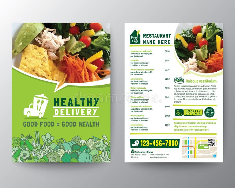 Van het de Vliegerpamflet van de voedsellevering van het de brochureontwerp het vectormalplaatje Gezonde Maaltijd, Groen het menu