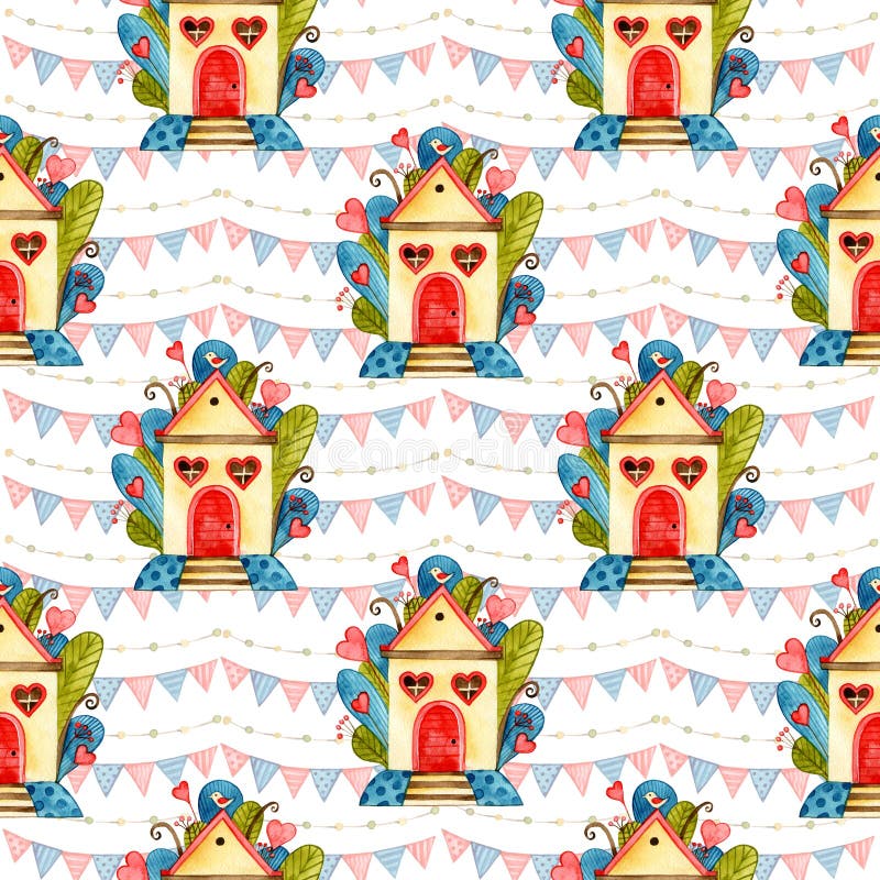 Van het huis Zoet Huis Naadloos patroon Als achtergrond De illustratie van de waterverf stock illustratie Van het huis Zoet Huis Naadloos patroon Als achtergrond De illustratie van de waterverf stock illustratie