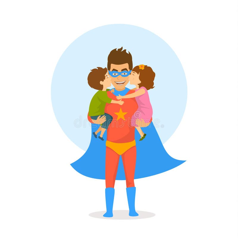 Van het kinderenjongen en meisje het kussen het koesteren gelukwensend papa kleedde zich als superhero met gelukkige vadersdag royalty-vrije illustratie Van het kinderenjongen en meisje het kussen het koesteren gelukwensend papa kleedde zich als superhero met gelukkige vadersdag royalty-vrije illustratie