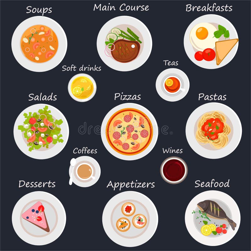 Van het ontwerpelementen van het restaurantmenu het voedsel en de drankpictogrammen Moderne vlakke stijl royalty-vrije illustratie Van het ontwerpelementen van het restaurantmenu het voedsel en de drankpictogrammen Moderne vlakke stijl royalty-vrije illustratie