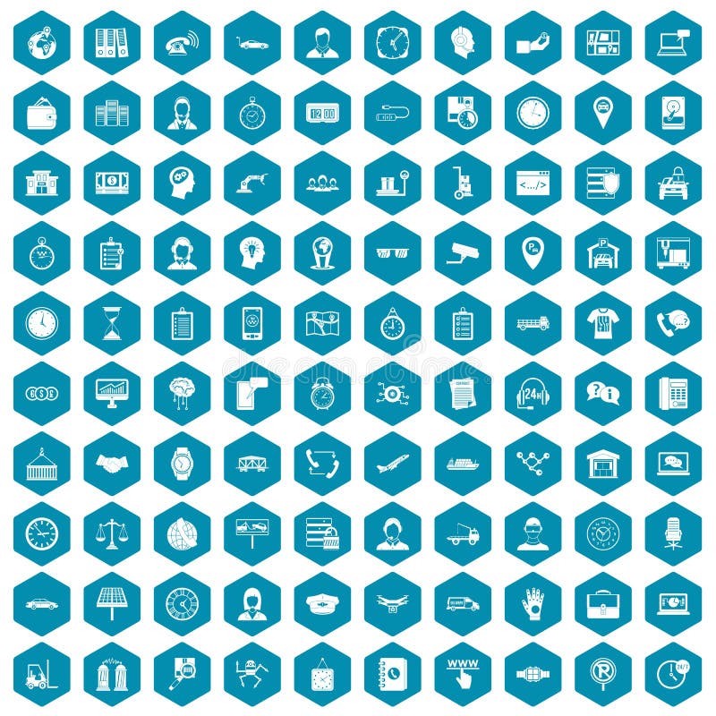 100 working hours icons set in sapphirine hexagon isolated vector illustration. 100 working hours icons set in sapphirine hexagon isolated vector illustration