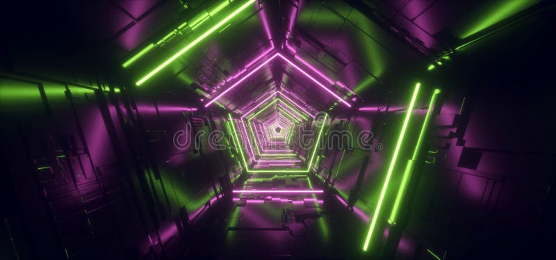 Van het het Ruimteschip Weerspiegelende Metaal van FI van neon de Lichtpaarse Groene Hyper Pentagonale Driehoek Gedetailleerde Sc stock illustratie Van het het Ruimteschip Weerspiegelende Metaal van FI van neon de Lichtpaarse Groene Hyper Pentagonale Driehoek Gedetailleerde Sc stock illustratie