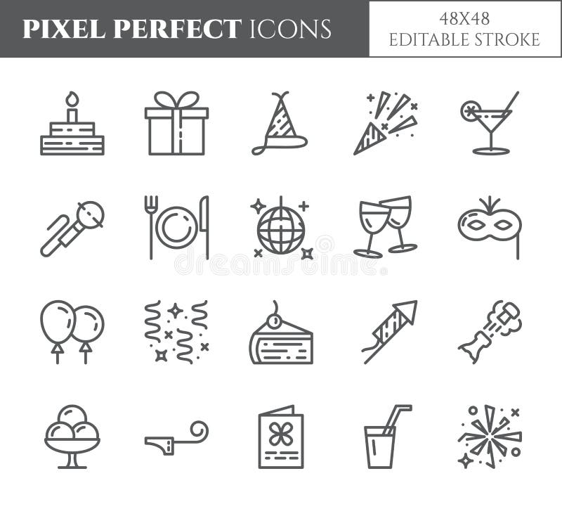 Van het het themapixel van de verjaardagspartij perfecte dunne de lijnpictogrammen Reeks elementen van cake, heden, champagne, di vector illustratie Van het het themapixel van de verjaardagspartij perfecte dunne de lijnpictogrammen Reeks elementen van cake, heden, champagne, di vector illustratie