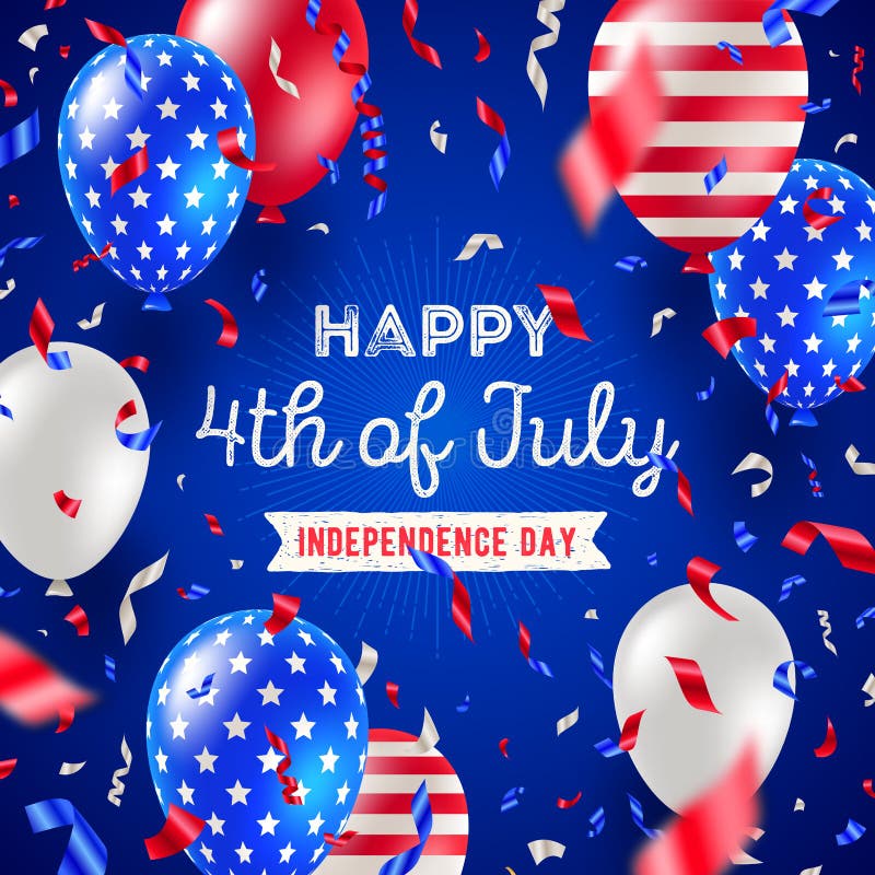 4 van Juli, Onafhankelijkheidsdag - het ontwerp van de groetkaart De kleurenballons en confettien van de V.S. patriottische stock illustratie 4 van Juli, Onafhankelijkheidsdag - het ontwerp van de groetkaart De kleurenballons en confettien van de V.S. patriottische stock illustratie