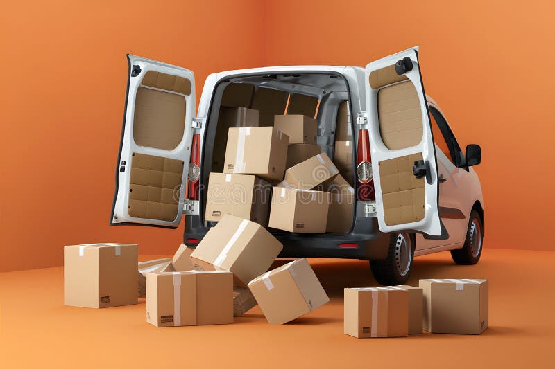 Van with open doors and scattered boxes on ground in chaotic setting vector illustration