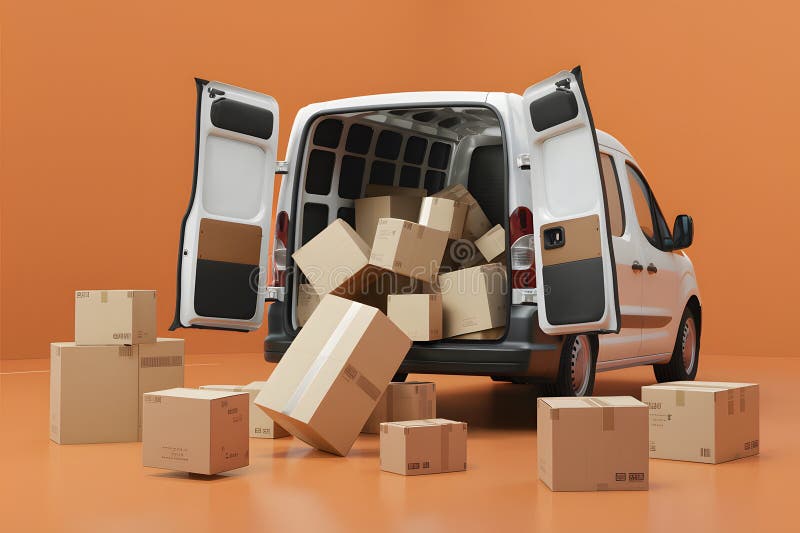 Van with open doors and scattered boxes on ground in chaotic setting vector illustration