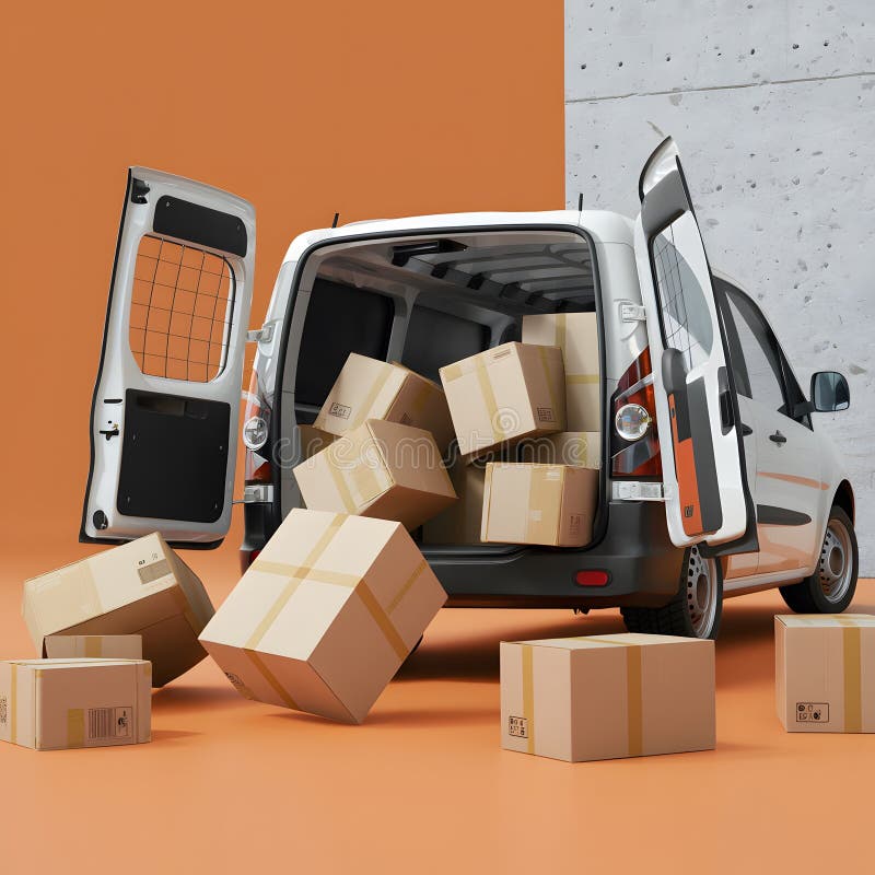 Van with open doors and scattered boxes on ground in chaotic setting stock illustration