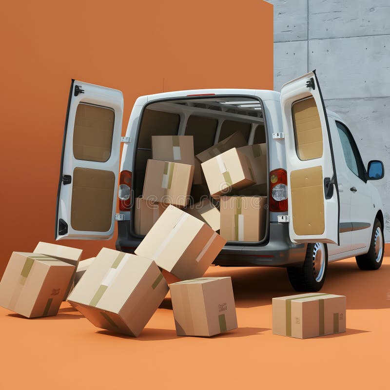 Van with open doors and scattered boxes on ground in chaotic setting royalty free illustration