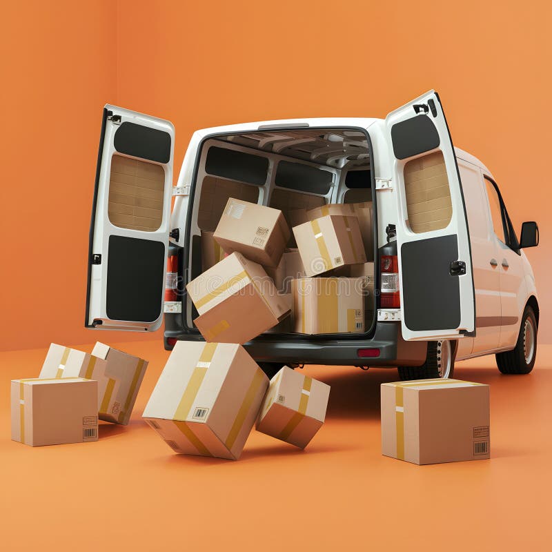 Van with open doors and scattered boxes on ground in chaotic setting vector illustration
