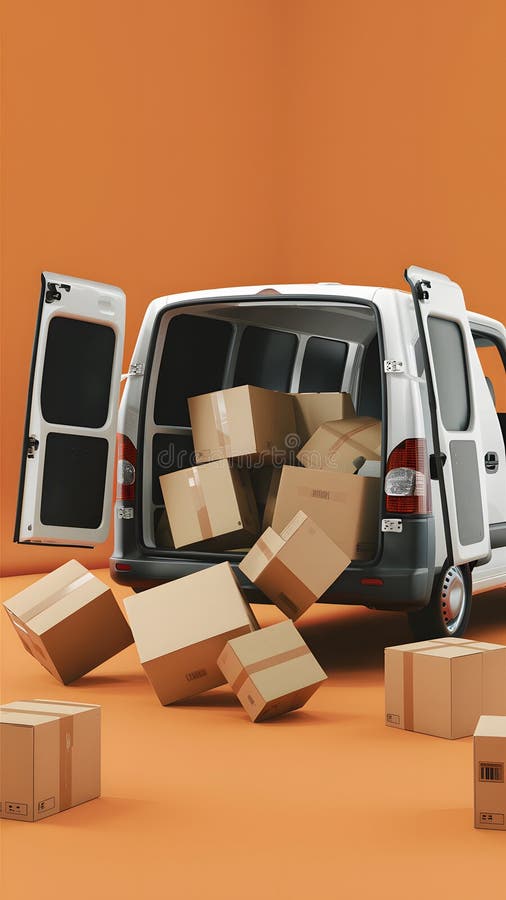 Van with open doors and scattered boxes on ground in chaotic setting vector illustration
