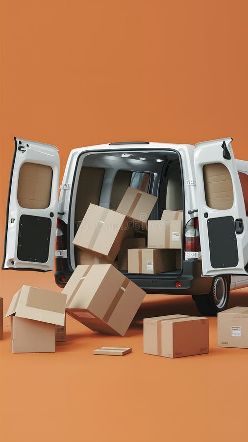 Van with open doors and scattered boxes on ground in chaotic setting royalty free illustration