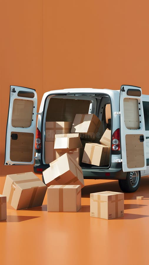 Van with open doors and scattered boxes on ground in chaotic setting stock illustration