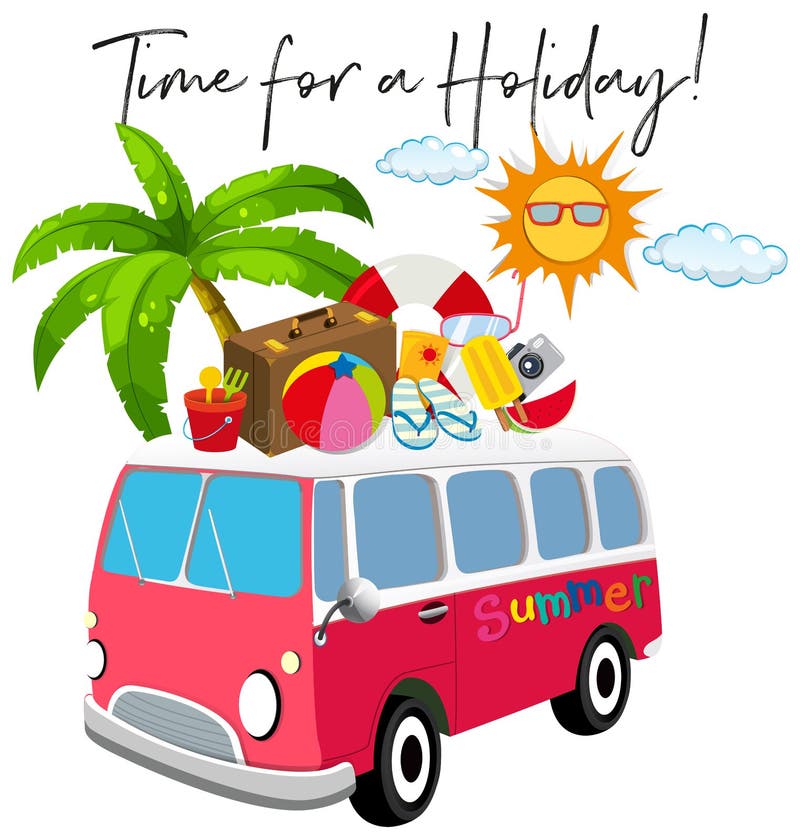 Van with summer item and phrase time for holidays vector illustration Van with summer item and phrase time for holidays vector illustration