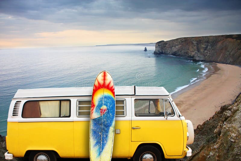 Van and surf board at a beach