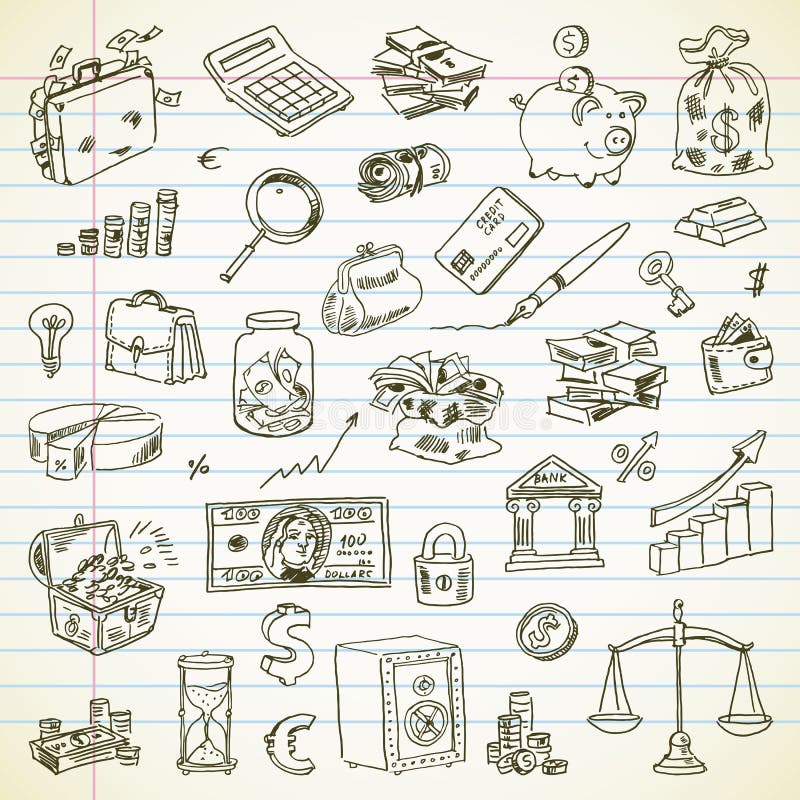 Van tekenings Bedrijfs en Financiën punten uit de vrije hand vector illustratie Van tekenings Bedrijfs en Financiën punten uit de vrije hand vector illustratie