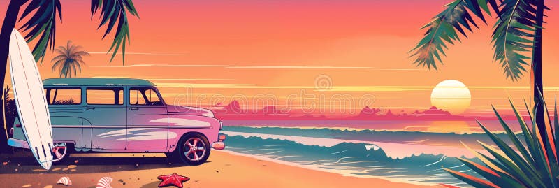 Vintage van and surfboard on tropical beach with palm trees during colorful sunset banner. Panoramic web header. Wide screen wallpaper. AI generated. Vintage van and surfboard on tropical beach with palm trees during colorful sunset banner. Panoramic web header. Wide screen wallpaper. AI generated