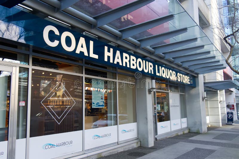 View of entrance Coal Harbour Liquor Store on West Pender Street in Downtown Vancouver