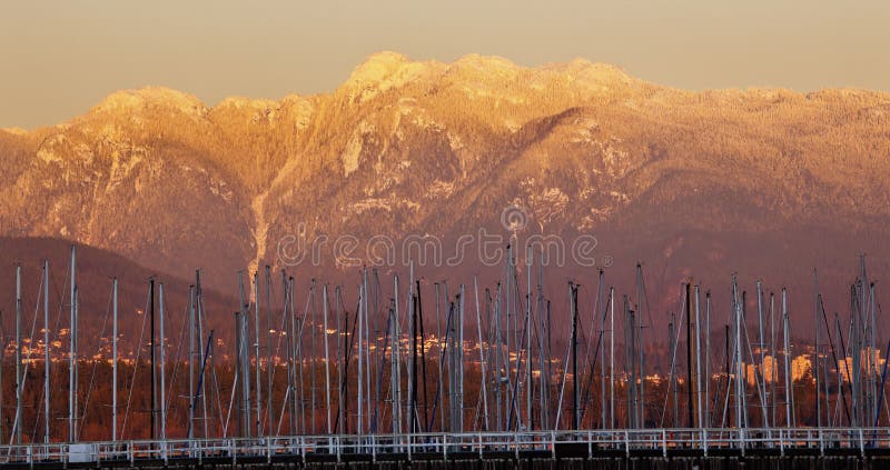 Vancouver Sailboat Masts Golden Snow Mountains BC