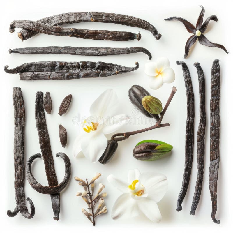 Vaniljpoder och blommor som binder orkidabönor torra vanillinpoder Naturlig aromatisk dessertingrediens. Vaniljpoder och blommor som sätter käppar av orkidabönor torra vanillinpoder Naturliga aroma dessertingredienser, vanilla planifolia-stift med kopieringsutrymme för text top view generative ai illustration ai generative ai generative ai