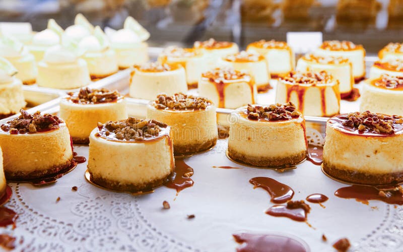Vanilla Cheesecake Pie Desserts with Caramel and Walnut Topping Stock Image Image of piece